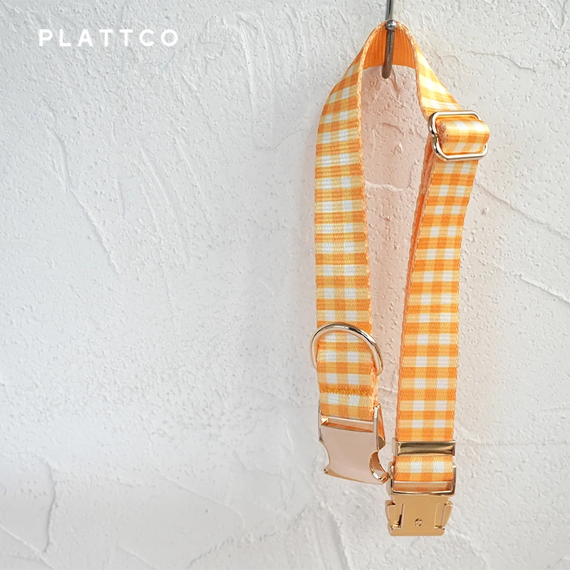 PLATTCO unique design dog collar print BUTTER PLAID pattern with high quality light color zinc alloy buckle 5 size PDC307G