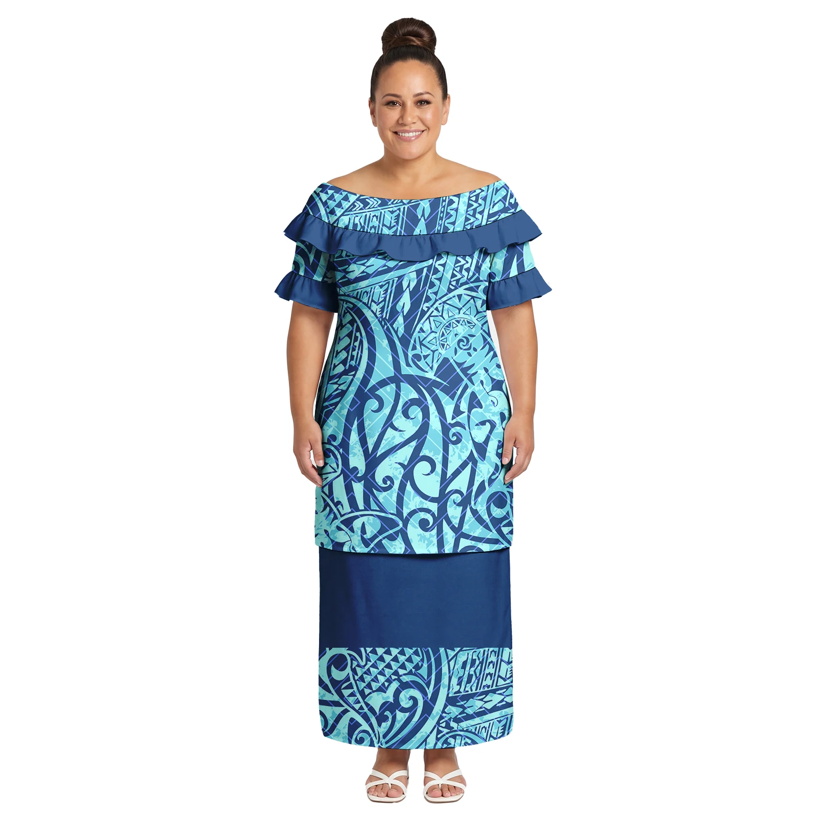 

Polynesian Fashion Classic Ladies Puletasi Hawaiian Tropical Pattern Brand New Dress Samoan Ruffle Neck Custom Women Puletasi