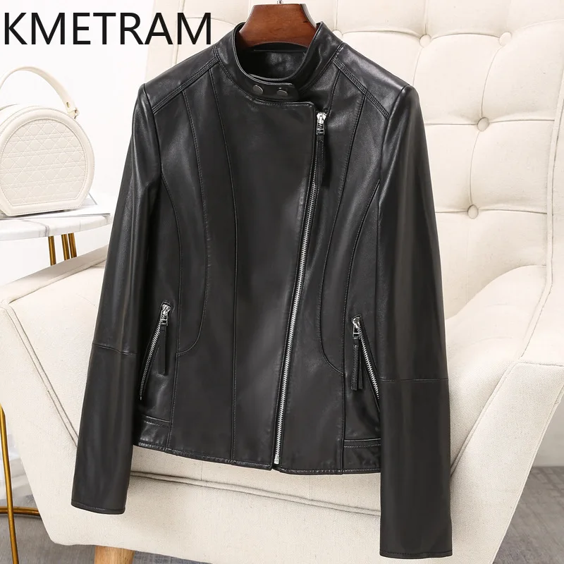 100% 天然シープスキンジャケット女性ショートオートバイ本革ジャケット女性新アウター秋服 2025 дубленка