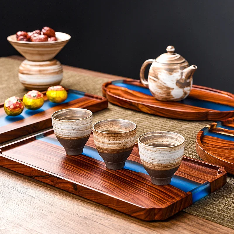 Wooden tea tray high-grade epoxy resin retro tea Household Table Small Dry Bubble Tray Snack Snack