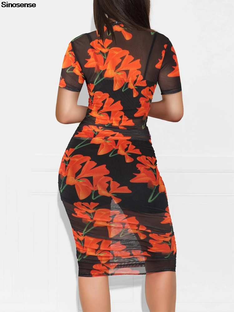 Abito aderente da donna in rete trasparente con stampa floreale Abito longuette increspato a maniche corte + Cam + Minigonna 3 pezzi Night Out Club Party Outfits