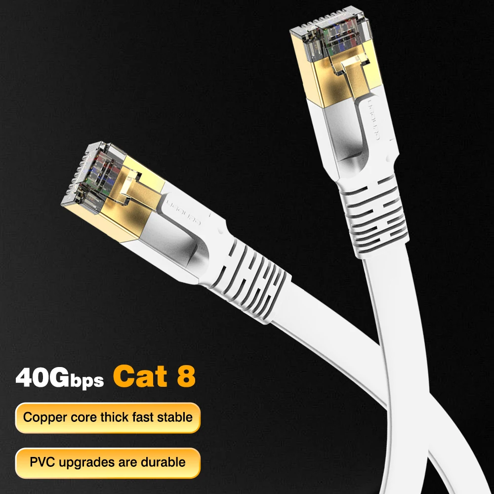 UGOURD 8,3 * 2,8 mm platte Cat 8 Ethernet-kabel 40 Gbps hogesnelheids LAN-kabel CAT8 wit PVC met vergulde RJ45-connector 1,6-98ft