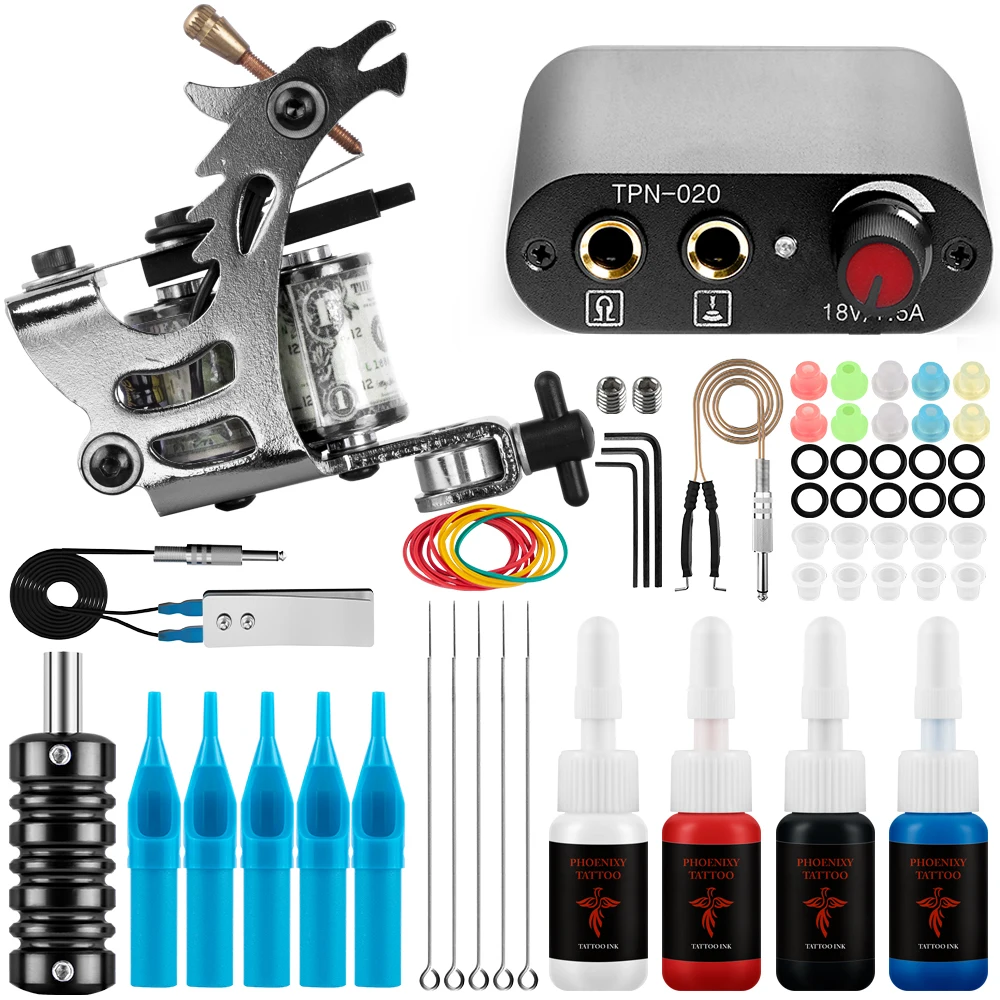 

Starter Complete Coil Tattoo Machine Gun Kit With Tattoo Power Supply Grip Cartridge Needles Permanent Ink for Tattoo Body Art