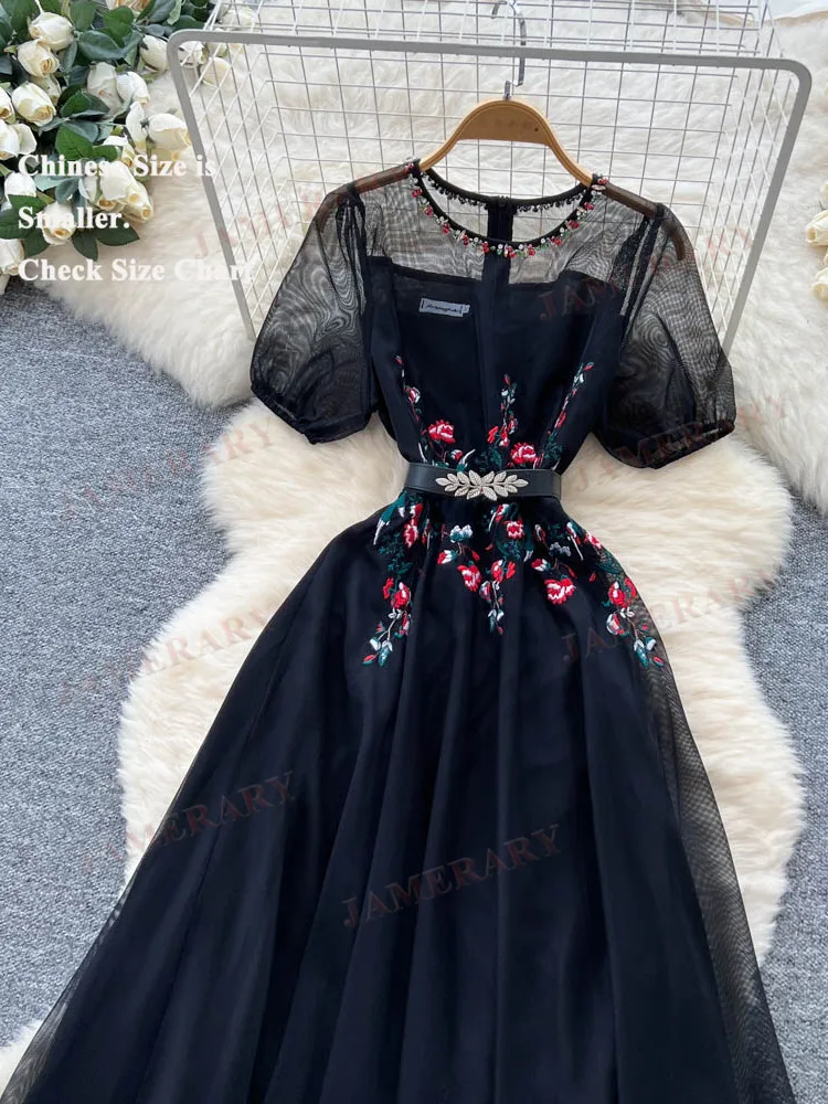 รันเวย์คริสตัลฤดูร้อนเย็บปักถักร้อยTulleชุดยาวผู้หญิงชุดราตรีอย่างเป็นทางการหญิงแขนสั้นElegant Prom Party Vestidos