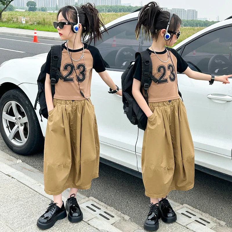 

2024 Korean Summer Children Girl Clothing Set Teenager Girl Contrast Short Sleeve T-shirt+Flower Bud Skirt Students Clothes Sets