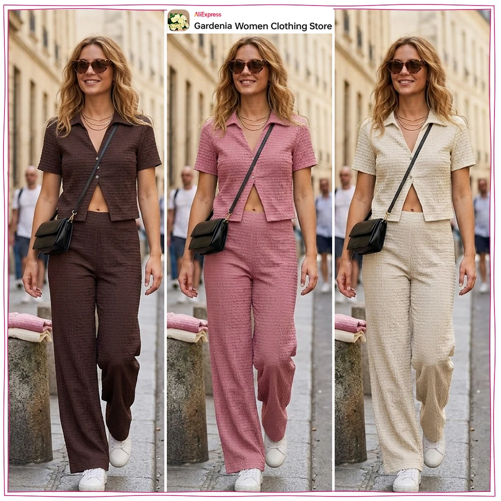 Stylish Textured Pants Sets for Women Summer Matching Sets Short Sleeve Cropped Textured Jackets and Mid-rise Straight Leg Pants