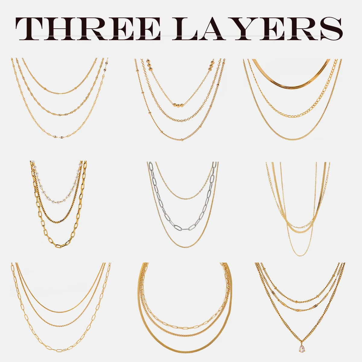 3 Layer Stainless Steel Layered Necklace for Women,Waterproof Non-Fading Tarnish Free,Classic Old Money Elegant Commute Wear