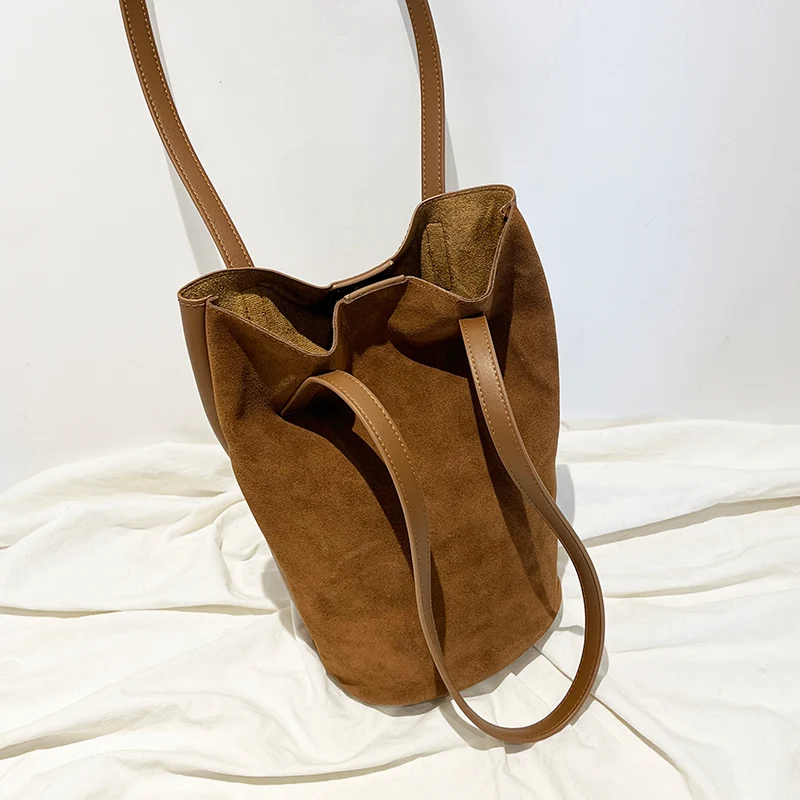 100% Genuine Leather Bucket Bags for Women Luxury S Class Suede Tote Bag with Coin Purse Large Capacity Shoulder Crossbody Bag