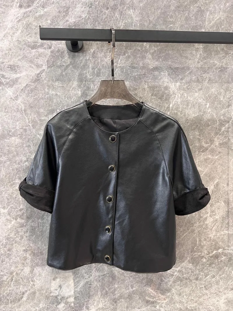 2024 Women's New Autumn Women's Leather Jacket Fashionable Trend Sweet Age Reducing Curled Edge Short Sleeve PU Leather Jacket