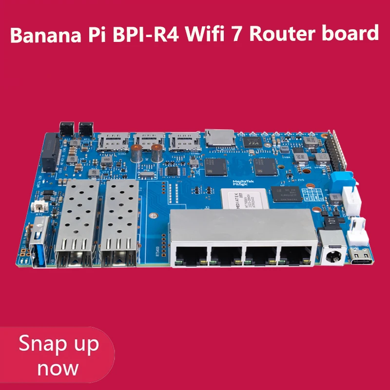 Banana Pi BPI-R4 board with MTK MT7988A design,Supports 2 SFPs, 4G RAM and 8G eMMC