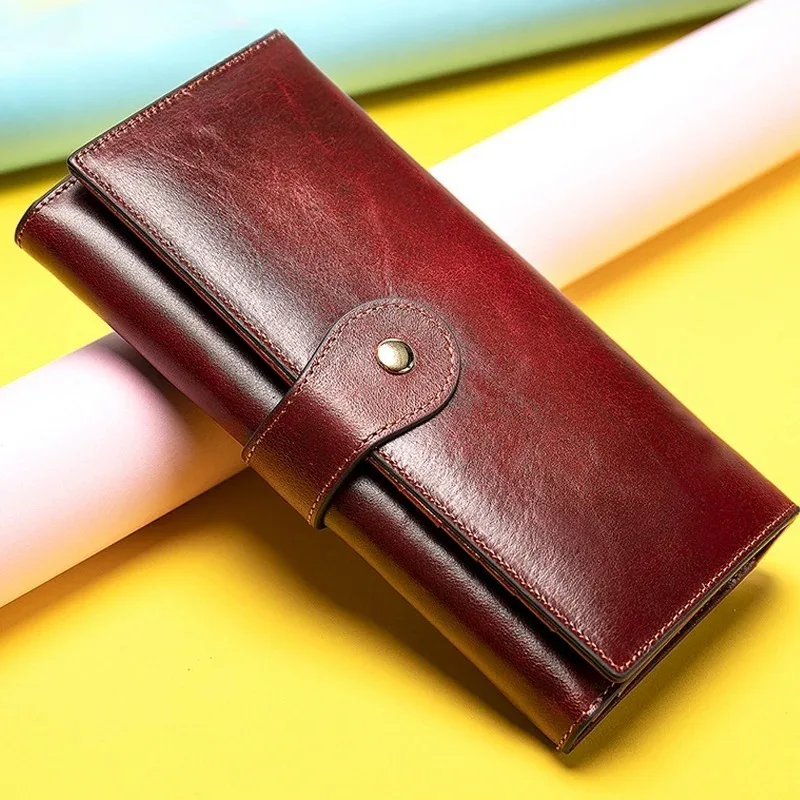 Long leather wallet with multiple card slots for women, anti magnetic card bag, fashionable and trendy top layer cowhide wallet