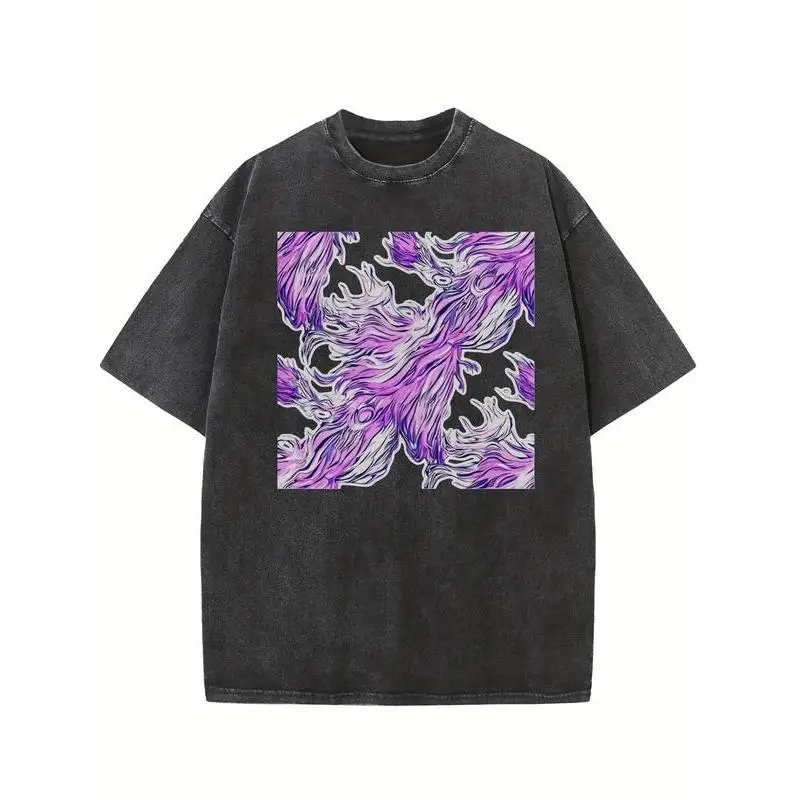 

Men’s Oversized Graphic T-Shirt Vintage Washed Purple Flame Print Loose Fit Summer Streetwear Hip Hop Casual Cotton Tee