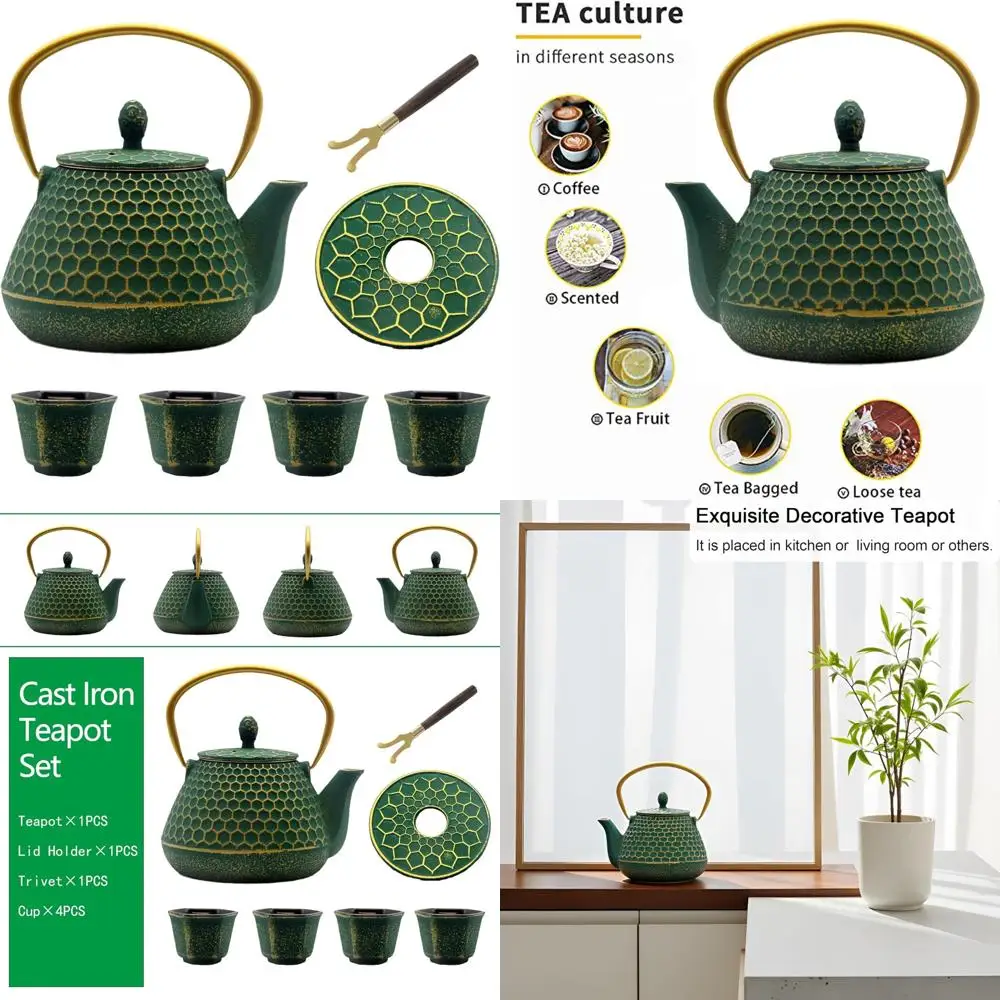 

Японский чугунный чайный сервиз с шестигранным узором и эмалевой внутренней частью, чайник и чашки на плиту 33,8 унций для традиционного эксперимента чая