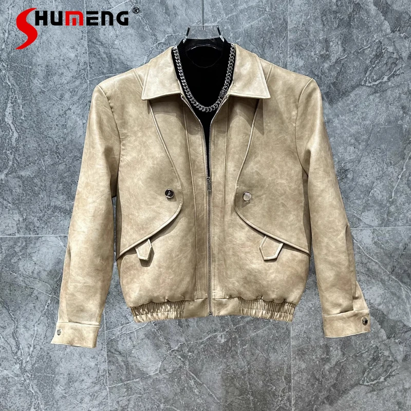 

Men's 2025 Autumn New High-End American Style Retro Faux Jackets Handsome Motorcycle Jacket Shoulder Pads Long Sleeve Chic Coats