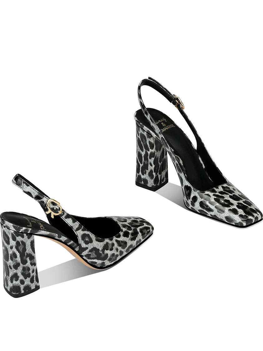 

Patent Leather Leopard Print Versatile High Sense 2025 Summer New Square Head Thick Heel High Heels Women