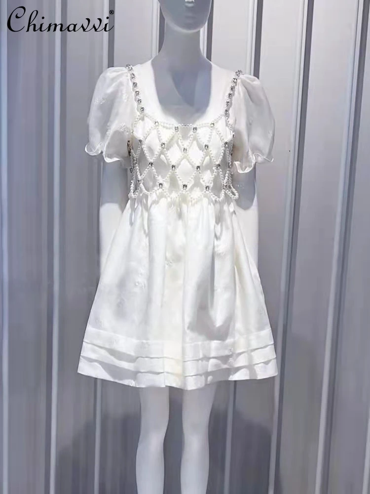 Beaded Rhinestone Chain Vest Short Puff Sleeve Square Collar High Waist A- line White Sweet Princess Dress for Women 2024 Summer