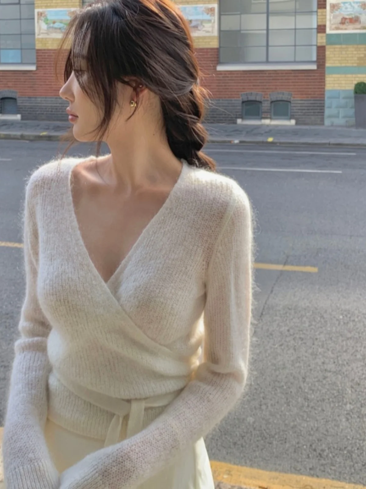 Conjunto de Moda Fena com Blusa de Tricô de Manga Longa em V e Saia  de Cintura Alta, Estilo Francês para Adultas na ...