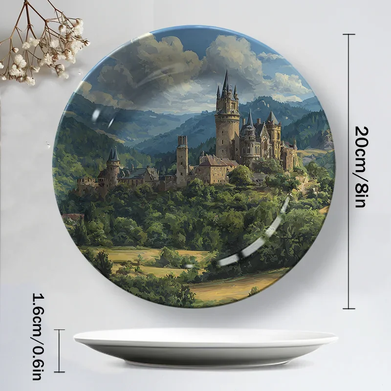 1pc European Vintage Castle Landscape Ceramic Wall Art Plate - Round Non-Food Contact Decorative Plate for Home, Living Room,