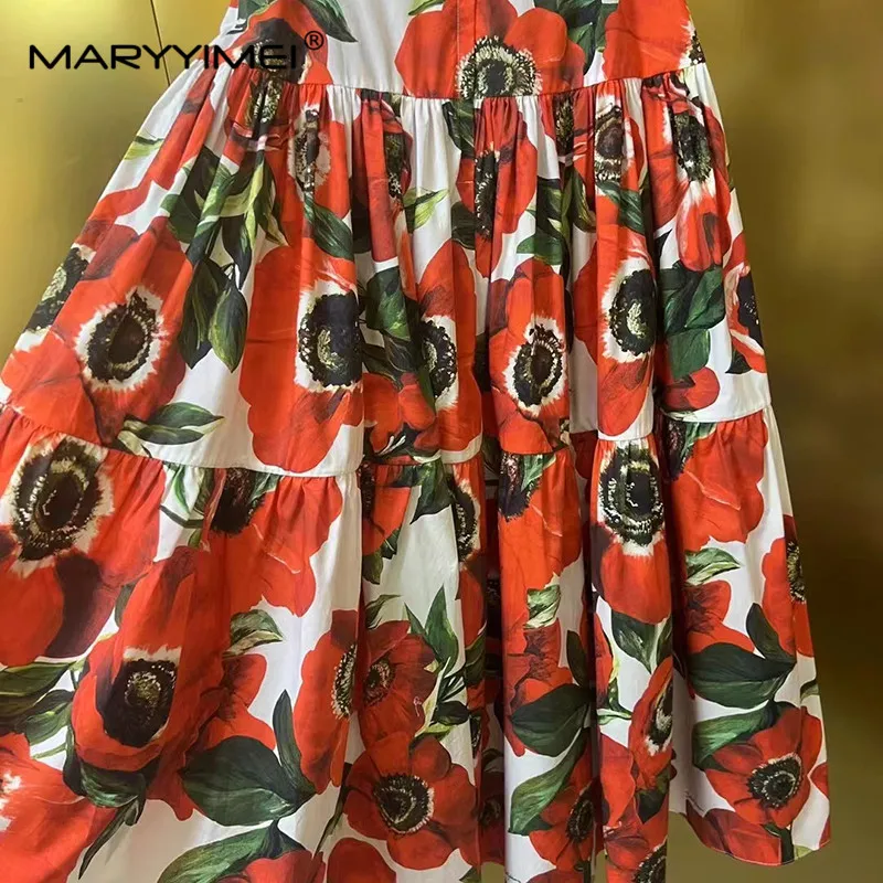 Imagem -06 - Maryyyimei-conjunto Midi e Top de Manga Curta Feminina Popeline Sexy Estampa Floral Encantadora Moda Patchwork Peças