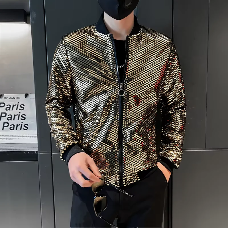 

Y2K Men's Streetwear Night Club Stage Thin Motorcycle Jackets Fashion Men Hip Hop Sequined Bombers Jacket Coat Fashion Clothing