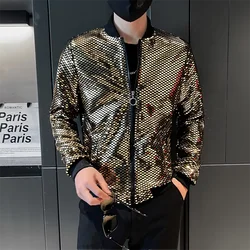 Chaquetas de motocicleta delgadas para hombres, ropa de calle Y2K, chaquetas de bombardero con lentejuelas de Hip Hop, abrigo de escenario de Club nocturno, ropa de moda