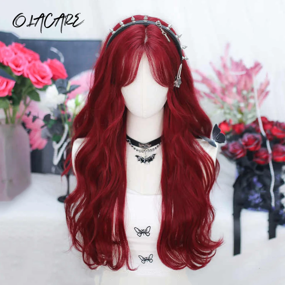 OLACARE Synthetic Long Body Wave Black Brown Red Cosplay Wigs Middle Part Wigs Natural Lolita LM Wigs Women
