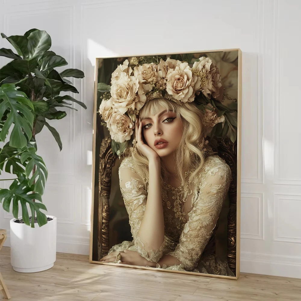Victorian Woman Flower Crown Poster Black Woman with Lotus Canvas Painting Print Wall Picture for Living Room Home Decor Cuadros