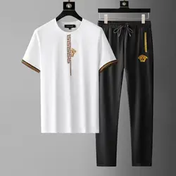 Men's Casual Suit Summer Lightweight High-end Sportswear Fashion Short Sleeve Trousers Trend Embroidery Two-piece Set