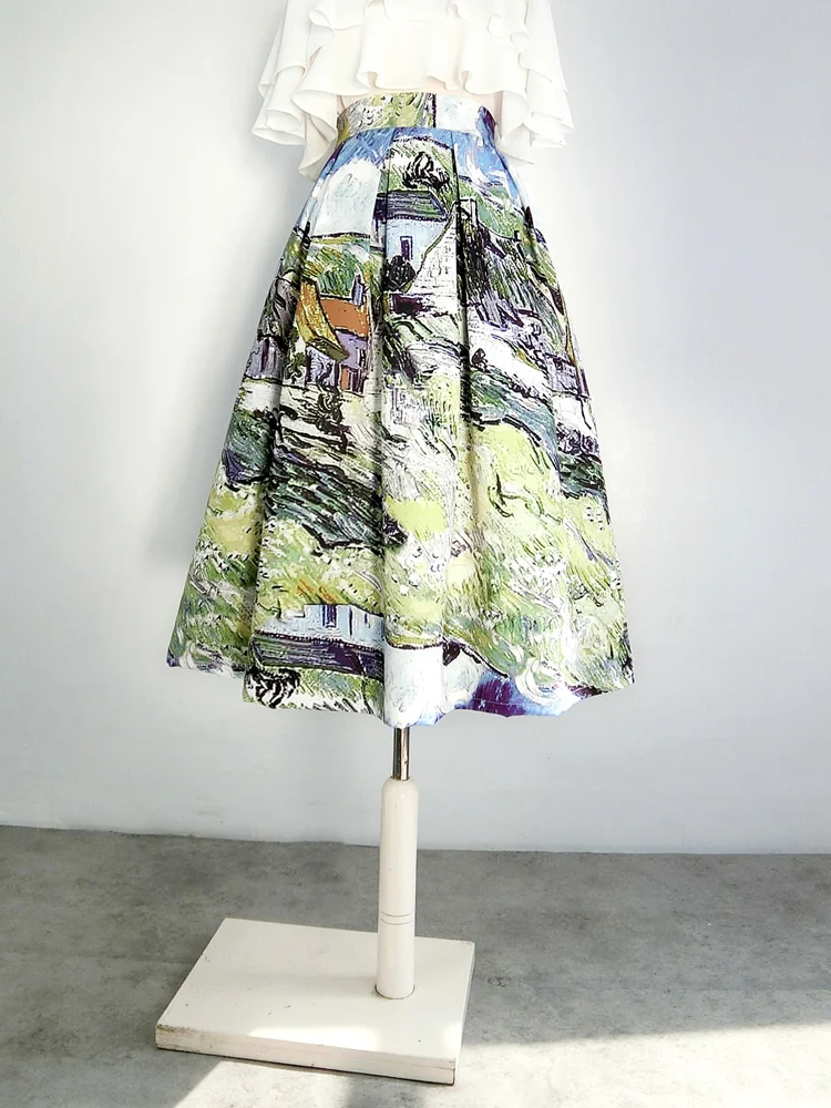 

Spring and Autumn New Women's Half Skirt, Printed A-line Edition Fashionable Commuting Oil Painting Style Puff Skirt