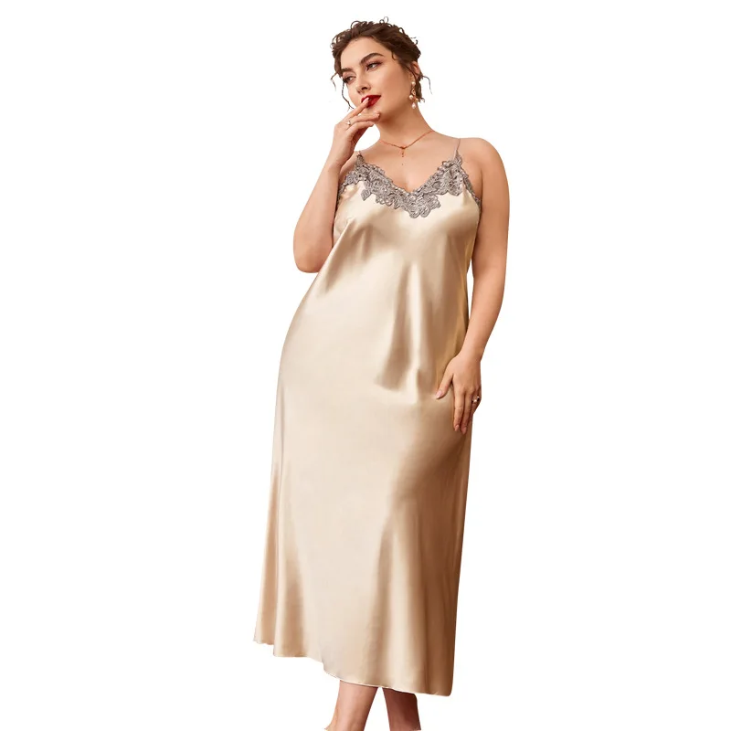 Fashion Solid color Plus Size Sleepwear for Women Summer Luxury Sexy Thin Silk Nightgown Leisure Home Clothes Pajamas for Ladies