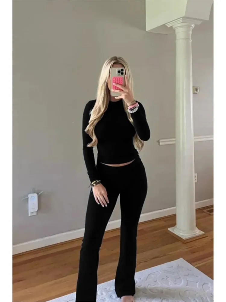 2024 New Trendy Solid Color Slim Pant Sets Women Fashion Simple Style Casual Bodycon Sports Two Piece Set Female Streetwear