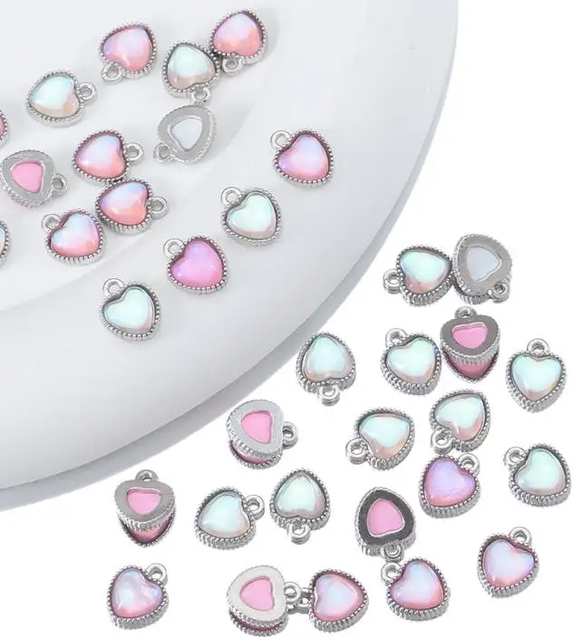

10pcs Alloy Heart Glass Bead Pendants with Antique Silver Frame AB Color Charms for DIY Valentine's Day Earring Necklace Jewelry