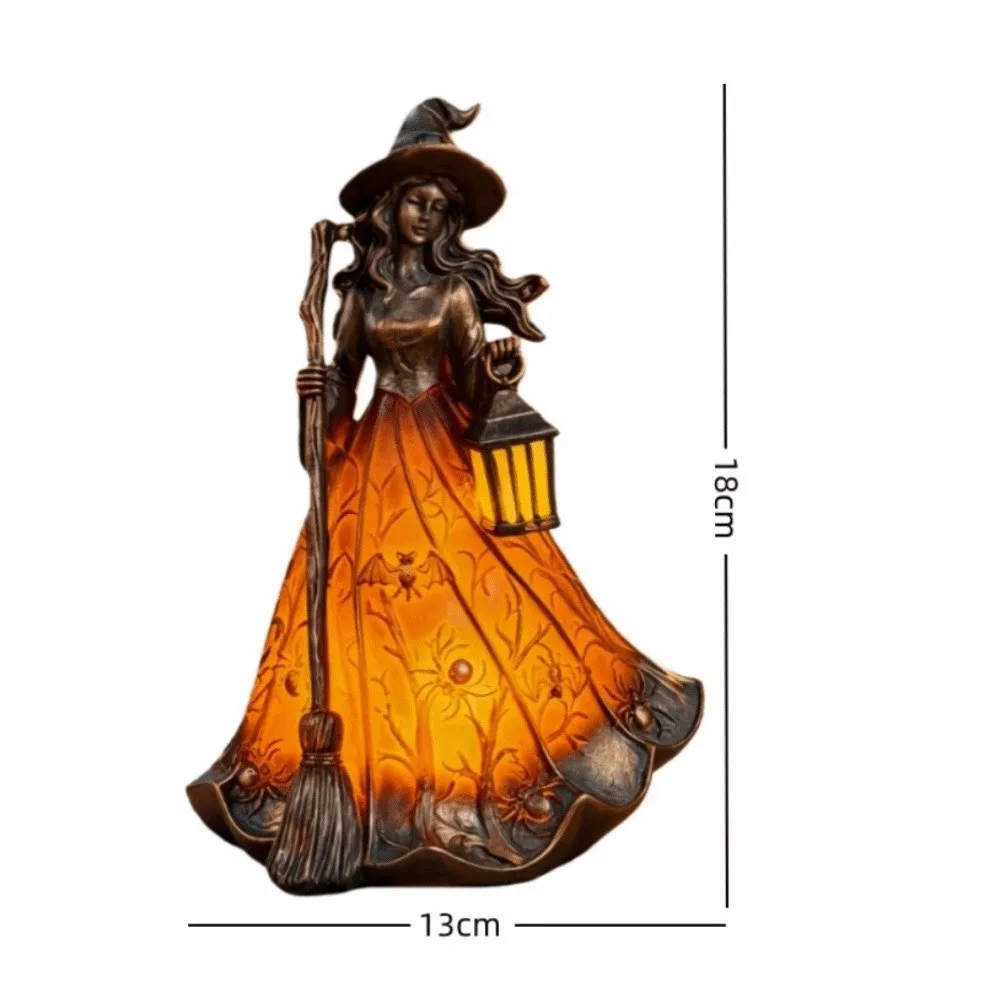 18cm Halloween Witch Lamp Scary Holding Lantern Broomstick Witch Statues Funny Standing Design Holiday Decorative Lamp