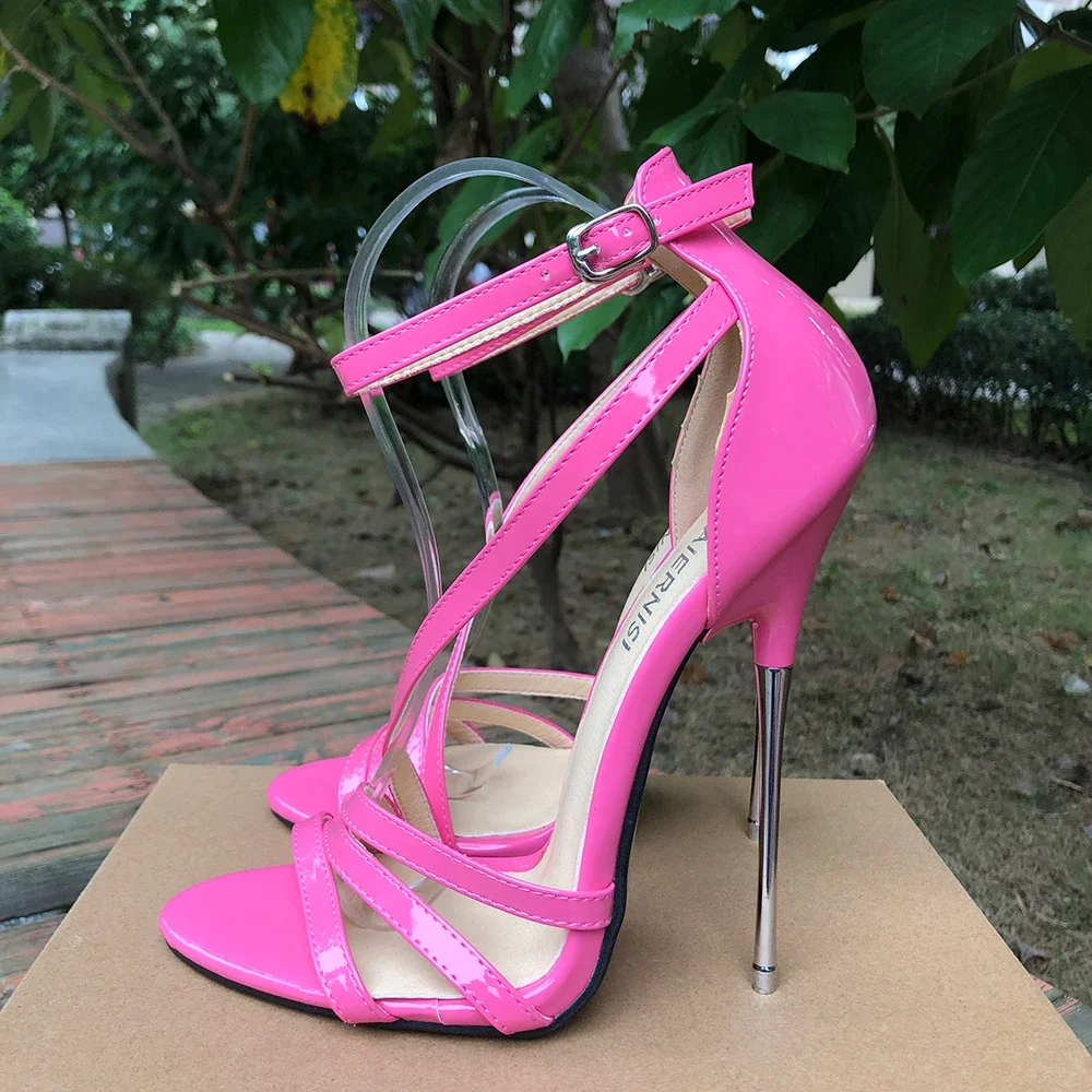 16cm Extreme Metal High Heels Sandals Women Sexy Pumps Man Fetish SM Ankle Strap Fetish Model Show Party Photograph Man Shoes