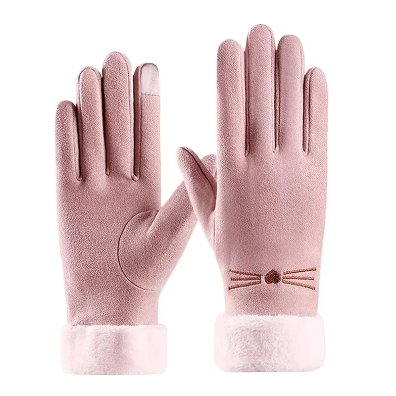 Warme Winterhandschuhe für Damen, winddicht, mit niedlichem Katzenmotiv und kältebeständigen Eigenschaften, dickes Fellfutter und Touchscreen-Funktion. – Detail 2