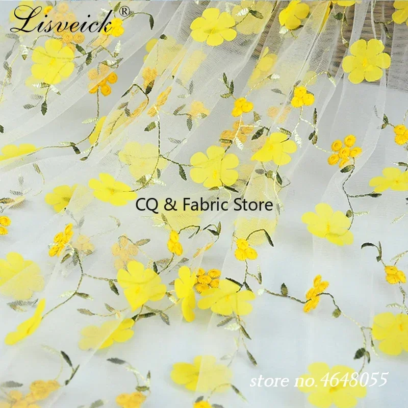 1Yard 3D Flower Embroidered Mesh Lace Fabric DIY Wedding Dress, Children's Clothing Elegant Applique