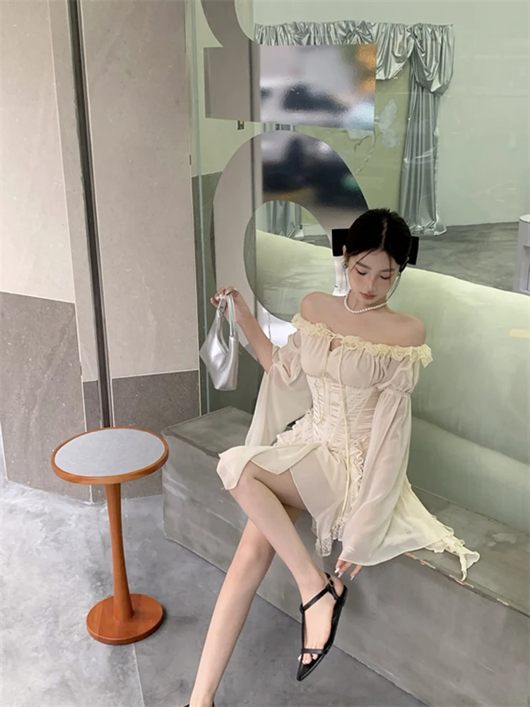 Roriri doce fora do ombro uma peça mini vestido feminino elegante sexy magro roupas de festa irregular coreano chique espartilho vestido de fadas