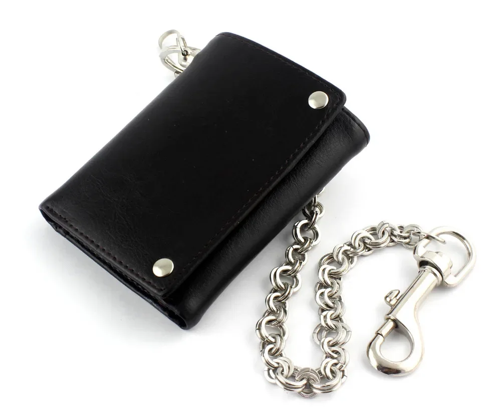 Mens Boys Trifold Leather Biker Trucker Wallet With A Long Metal Ring Key Chain