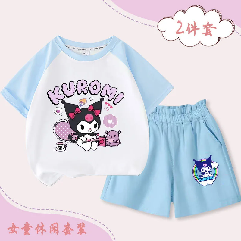 2Pcs Anime Sanrios Cinnamoroll Kids Summer Short Sleeve Shorts Kawaii Melody Kuromi Boy Girls Cotton T-Shirt Cartoon Print Tops