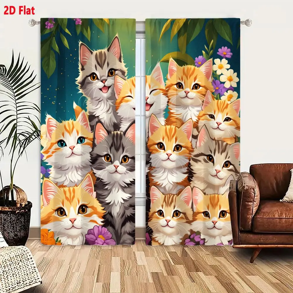2Pcs Curtains 2D Flat Cute Orange White Gray Kittens in Floral Setting Whimsical Cheerful Illustration with Green Leaves Colorfu