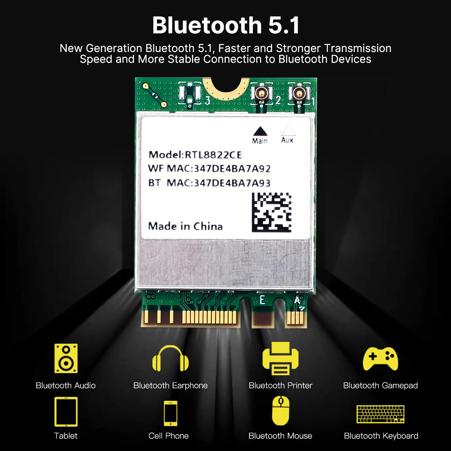 Dual Band 2.4/5GHz 1200Mbps WiFi Adapter RTL8822CE Chipset Bluetooth 5.1 802.11AC Network Adapter for PC/Laptop Windows10/11