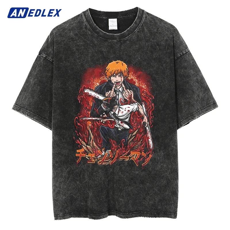 

Men Harajuku Washed T-Shirt Unisex Hip Hop Streetwear Anime Graphic T Shirt Cartoon Tshirt Summer Short Sleeve Cotton Clothing