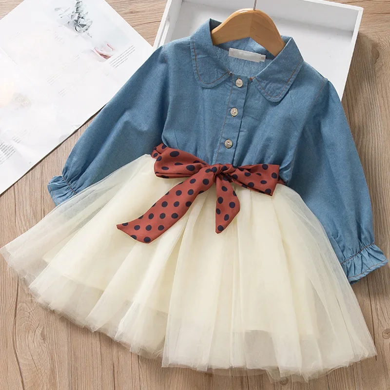 Girl Dress Autumn New 2024 Cowboy Spliced Mesh Skirt Wave Point Belt Casual Simple Fashion Sweet Korean Active Vintage Comfort