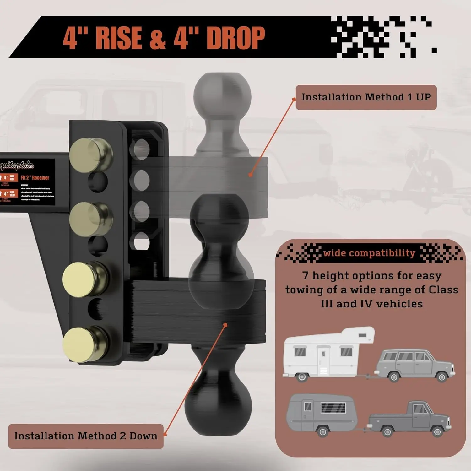 2' Adjustable Trailer Hitch, 4' Rise/Drop, 2' & 2-5/16' Balls, 25000 Lbs Heavy Duty, RV, Camper, Boat Trailer