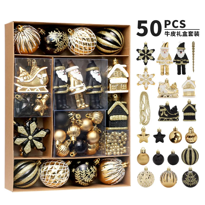 Christmas Decoration 50Pcs/Set Black Gold Painted Electroplated Ball Set Hanging New Year's Holiday Window Display Scene Layout