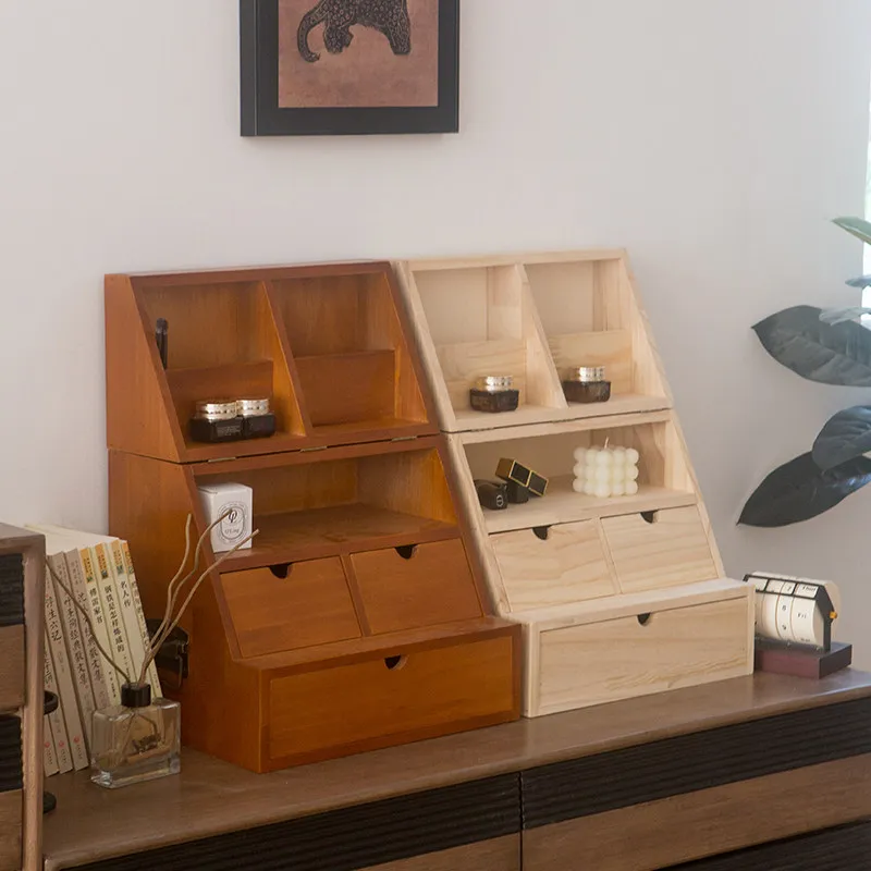 Retro solid wood desktop creative storage cabinet wooden multi-layer drawer medieval table display dust rack