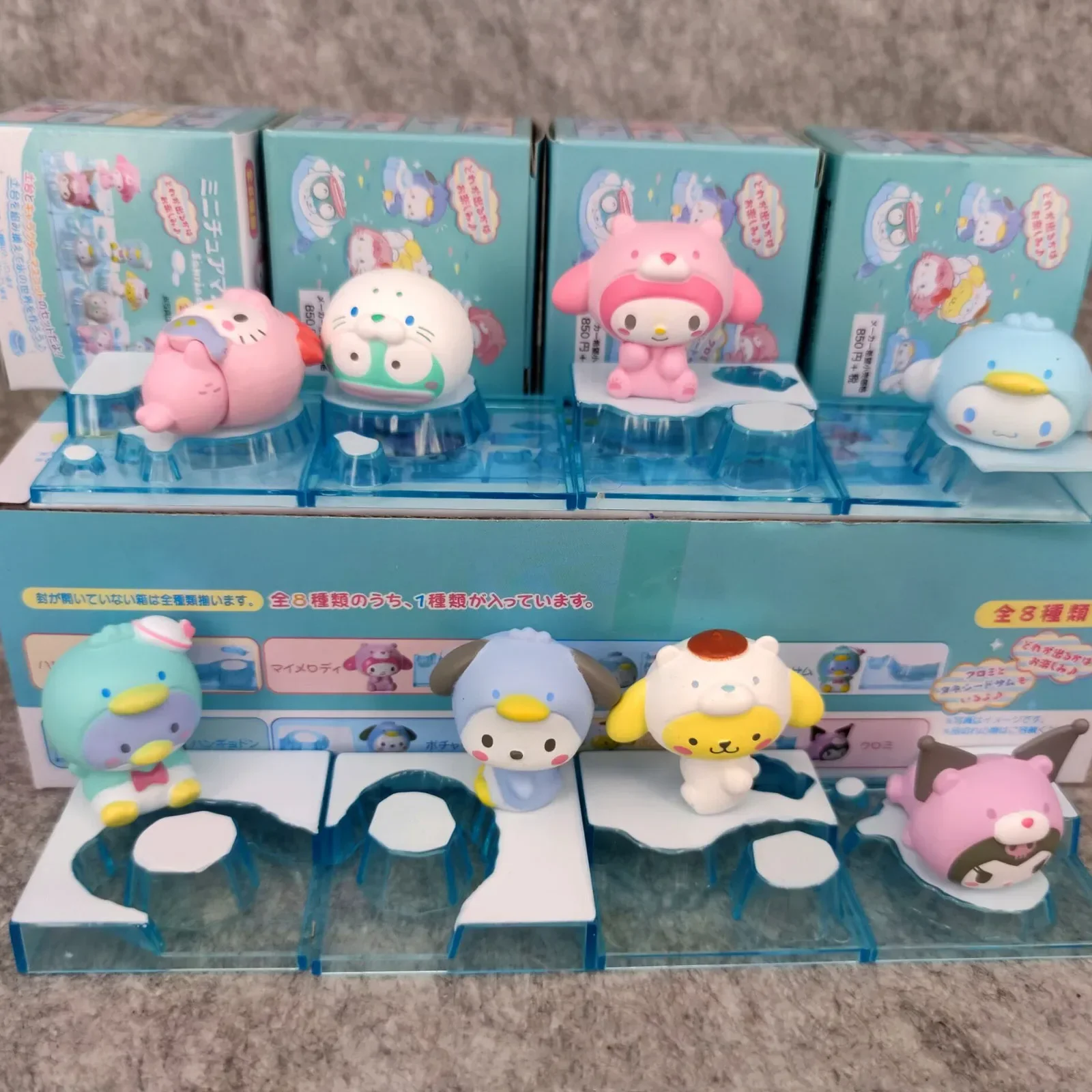 

Sanrio Characters Ice Snow World Hello Kitty Kuromi Pom Purin Melody Penguin Blind Box Gifts Toy Model Anime Figures Collect
