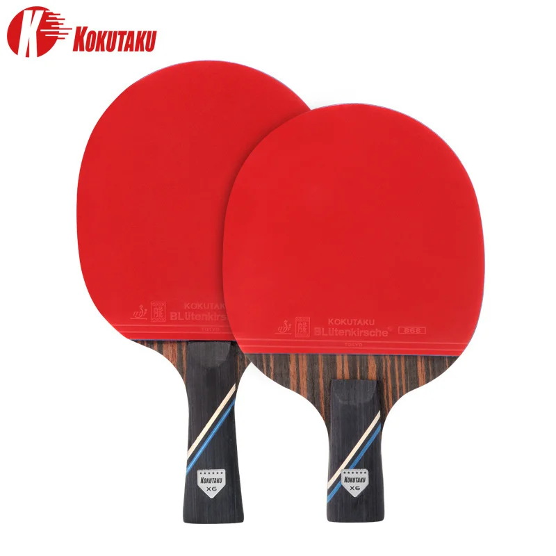 KOKUTAKU 6 Star Ping Pong Paddle Set of 7 Ply Ebony Rackets Long Short Handle Table tennis Bats Paddle Set ITTF Approved Rubber