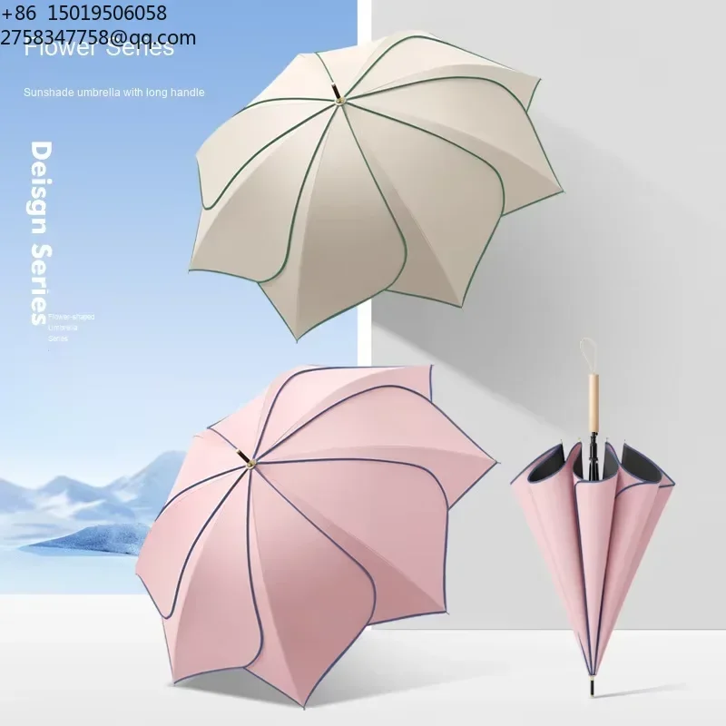 Strong 8K Sunny Umbrella Sunshade Wood Curved Handle Petal Straight Umbrella  Uv Windproof Portable Umbrella