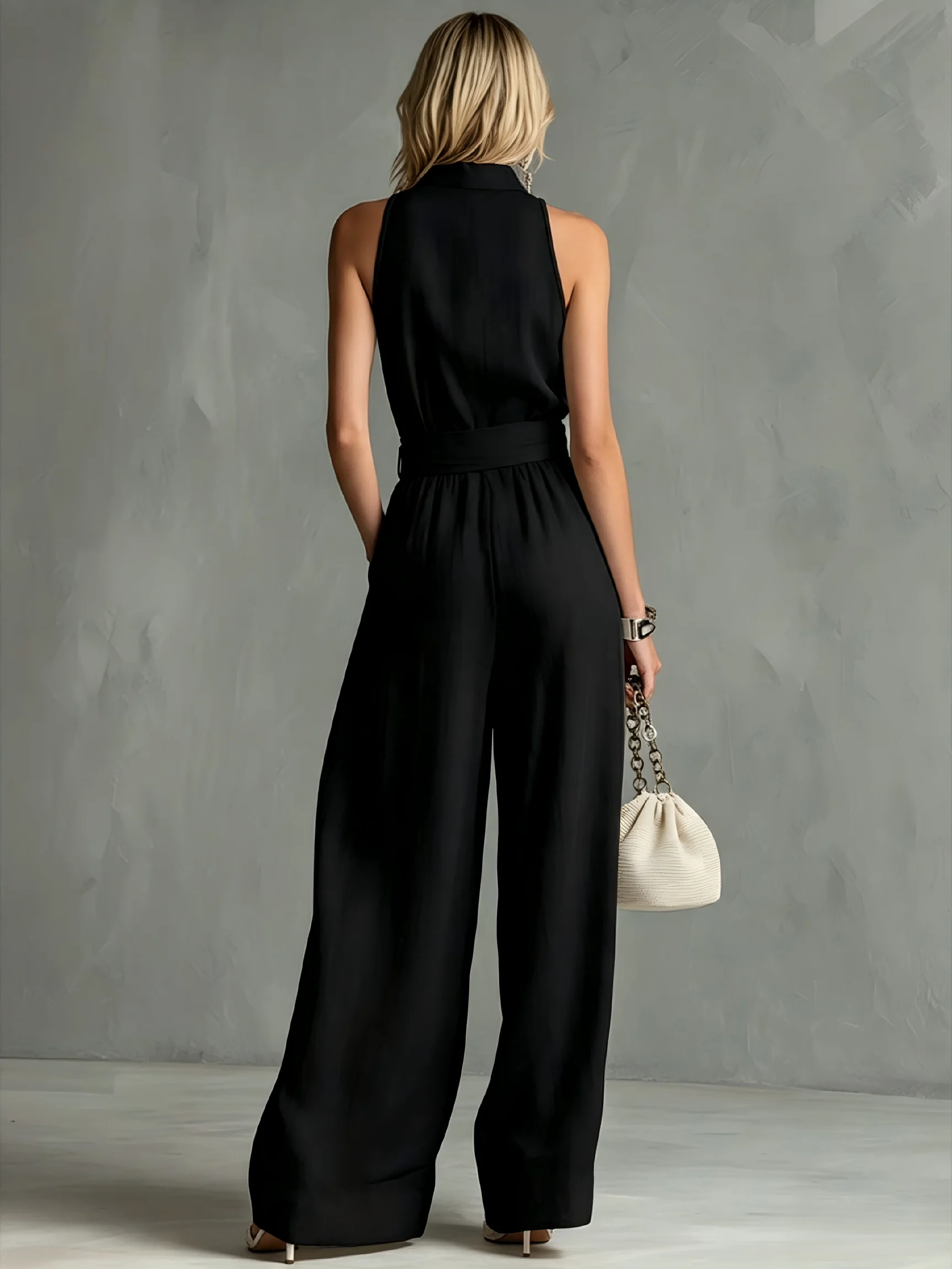 Damen Neckholder-Jumpsuit, ärmellos, mit Frontreißverschluss, quadratischer Schnalle am Gürtel, weitem Bein, langen Hosen, elegant, lässig, schwarzer Overall mit Taschen – Detail 4